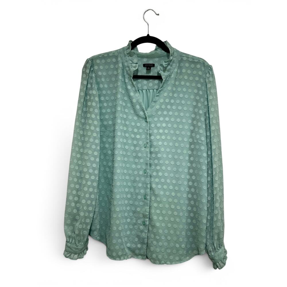 Ann Taylor Swiss Dot Long Sleeve‎ Button Up Blouse Women's XL Seafoam Green